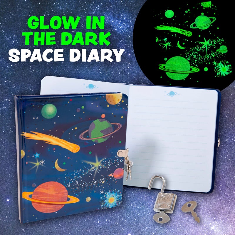 Peaceable Kingdom Deep Space Glow in the Dark 6.25" Lock and Key, Lined Page Diary for Kids - Image 2